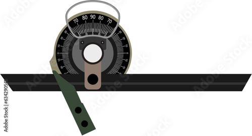 A Vernier bevel protractor isolated on white background, It  is a precision instrument meant for measuring angles to an accuracy of 5 minutes