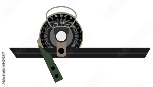 A Vernier bevel protractor isolated on white background, It  is a precision instrument meant for measuring angles to an accuracy of 5 minutes
