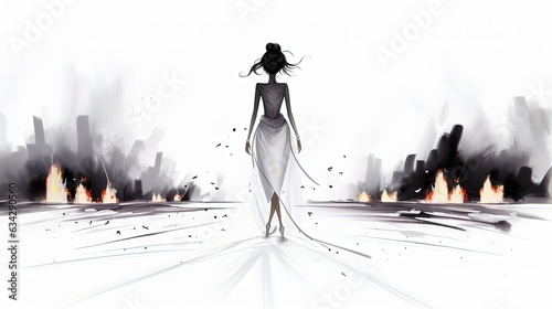 Beautiful sexy brunette girl in a suit on the background of the ruins of the city. Fashion woman in sketch-style. generative ai photo