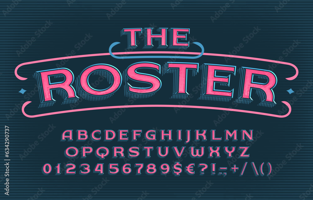 Roster alphabet font. Retro letters and numbers. Vector typeface for your typography design. Roster alphabet font. Retro letters and numbers. Vector typeface for your typography design.