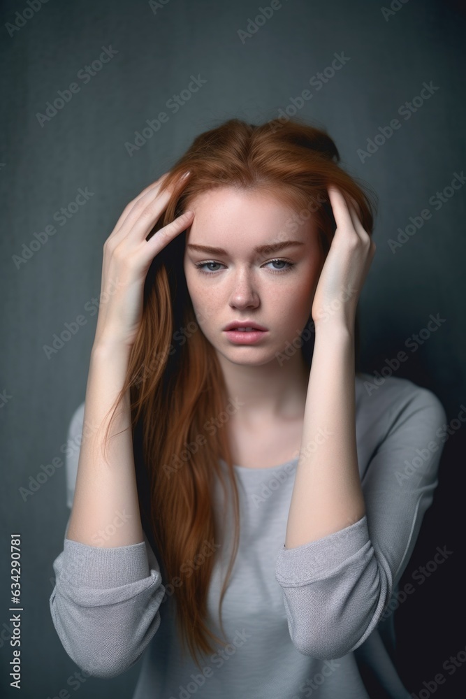 Fototapeta premium shot of a young woman holding onto her head while standing against a grey background