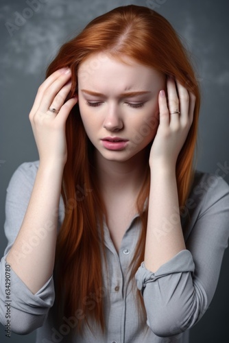 shot of a young woman holding onto her head while standing against a grey background