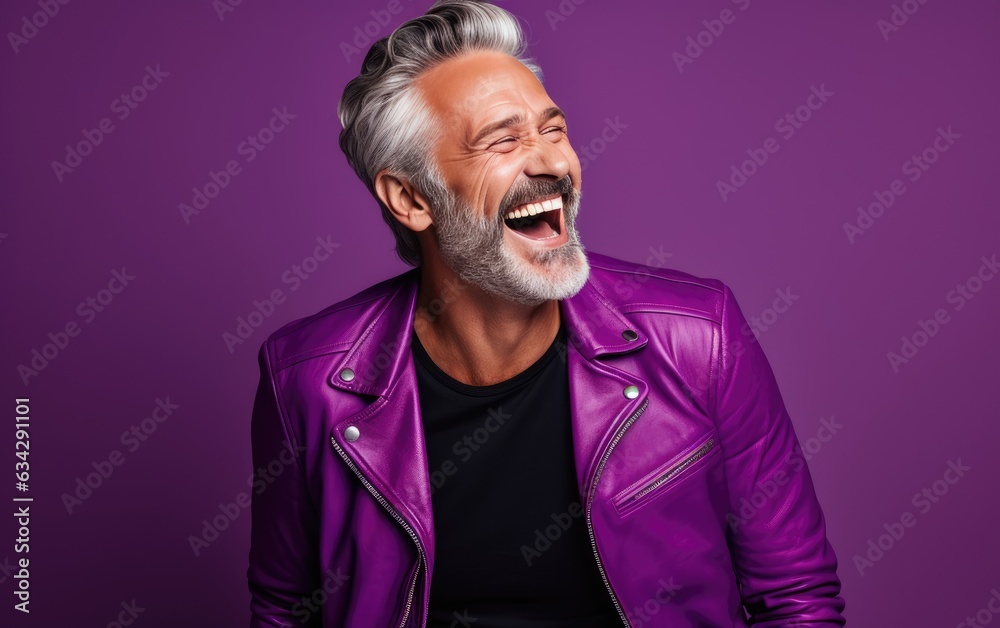 Ultra handsome Caucasian, smiling and laughing, wearing bright clothes. Bright solid purple background. created by generative AI technology. Ultra handsome Caucasian, smiling and laughing, wearing bright clothes. Bright solid purple background. created by generative AI technology.