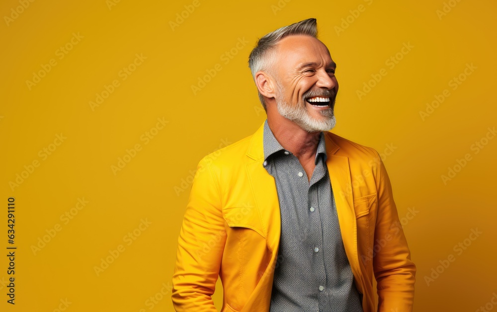 Old ultra handsome Caucasian, smiling and laughing, wearing bright clothes. Bright solid orange background. created by generative AI technology. Old ultra handsome Caucasian, smiling and laughing, wearing bright clothes. Bright solid orange background. created by generative AI technology.