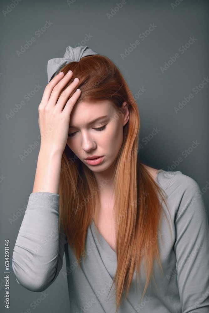 shot of a young woman holding onto her head while standing against a grey background shot of a young woman holding onto her head while standing against a grey background