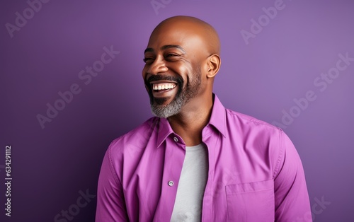 Ultra handsome man, smiling and laughing, wearing bright clothes. Bright solid dark background. created by generative AI technology.