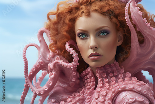 Canvastavla portrait of a woman octopus from the sea  with red hair