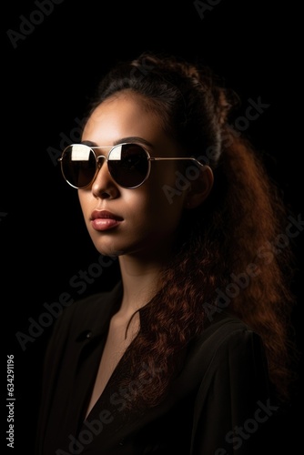 studio shot of a beautiful young woman wearing sunglasses against a dark background © Natalia