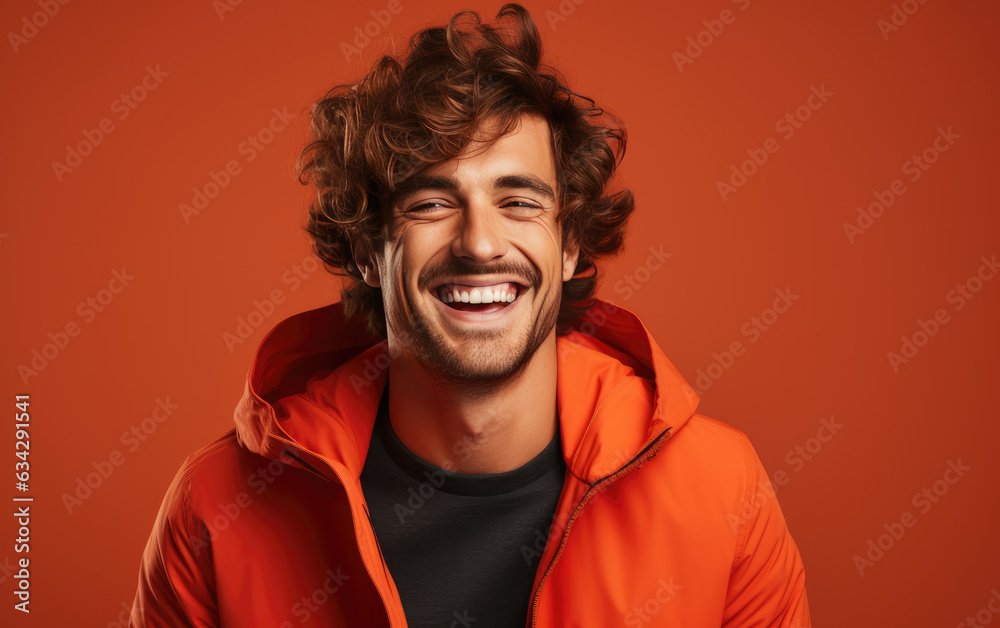 Ultra handsome man, smiling and laughing, wearing bright clothes. Bright solid red background. created by generative AI technology.