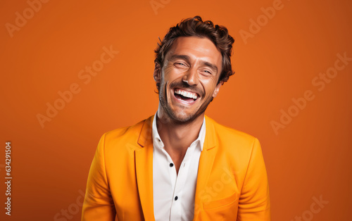 Ultra handsome Caucasian, smiling and laughing, wearing bright clothes. Bright solid orange background. created by generative AI technology.