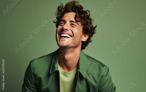 Ultra handsome man, smiling and laughing, wearing bright clothes. Bright solid green background. created by generative AI technology. photo