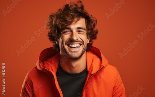 Ultra handsome man, smiling and laughing, wearing bright clothes. Bright solid red background. created by generative AI technology. © hakule