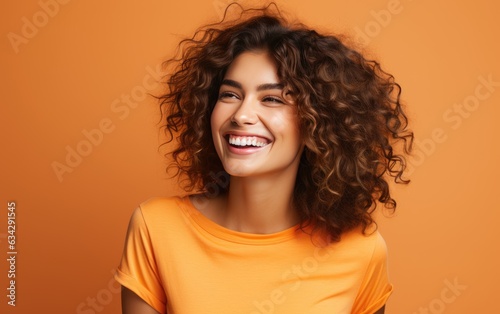 Happy ultra beauty girl, who is smiling and laughing, wearing bright clothes. Bright solid orange background. created by generative AI technology.