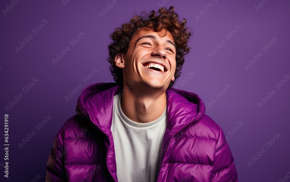 Happy ultra young handsome man, who is smiling and laughing, wearing bright clothes. Bright solid purple background. created by generative AI technology. Happy ultra young handsome man, who is smiling and laughing, wearing bright clothes. Bright solid purple background. created by generative AI technology.