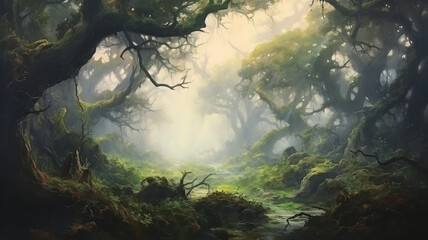 Fototapete Grau 2 landscape huge old oaks in the swamp oil paint delicate colors paintings on canvas.  © kichigin19
