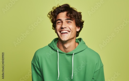 Happy ultra young handsome man, who is smiling and laughing, wearing bright clothes. Bright solid green background. created by generative AI technology.