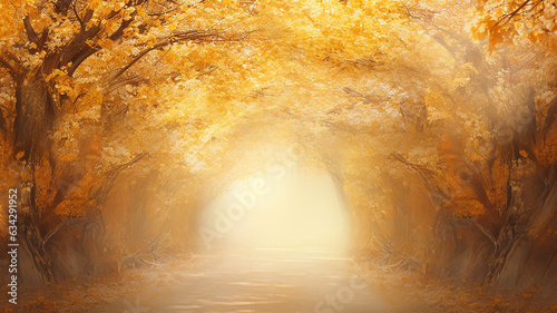 a luminous romantic autumn podium fairy tale forest  the rays fog in a round arch of yellow trees.