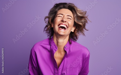 happy 40 years old ultra beauty Caucasian, who is smiling and laughing, wearing bright clothes. studio photos. created by generative AI technology.