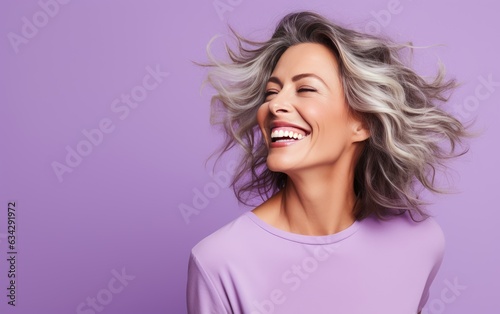 happy 40 years old ultra beauty Caucasian, who is smiling and laughing, wearing bright clothes. studio photos. created by generative AI technology.