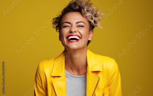 happy 40 years old businesswoman, who is smiling and laughing, wearing bright clothes. orange background, studio photos. created by generative AI technology.