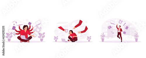 Multi-handed businessman in a suit, businesswoman tired and stressed, agile and versatile worker. Set Trend Modern vector flat illustration