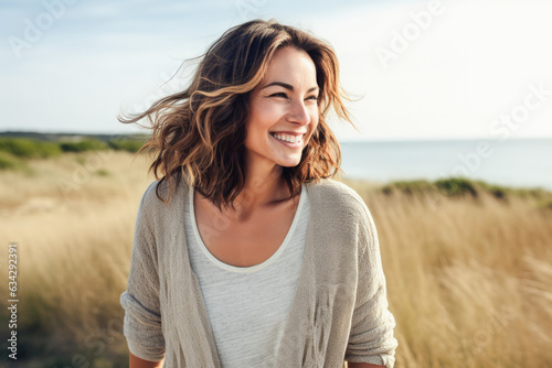 Portrait in the beach of a pleased 30 years old woman.  photo