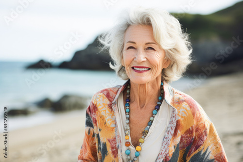 Portrait in the beach of a pleased 80 years old woman. 