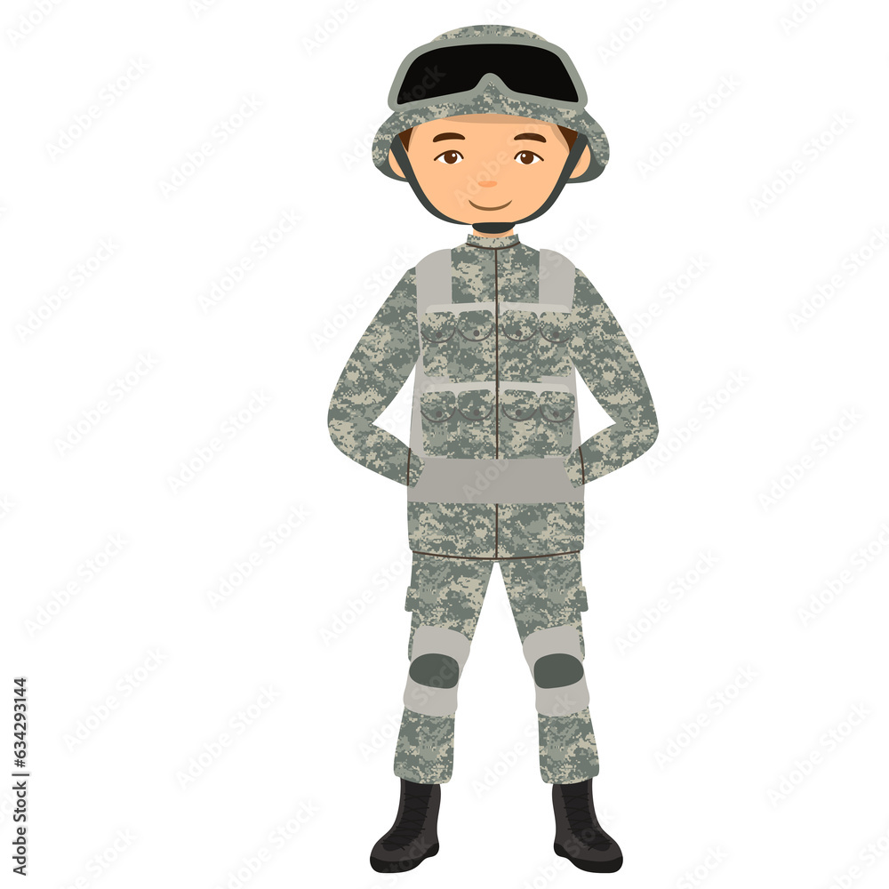 Soldier character. Millitary force employee in camouflage with a weapon. Army equipment and technology. War strategy and tactic. 
