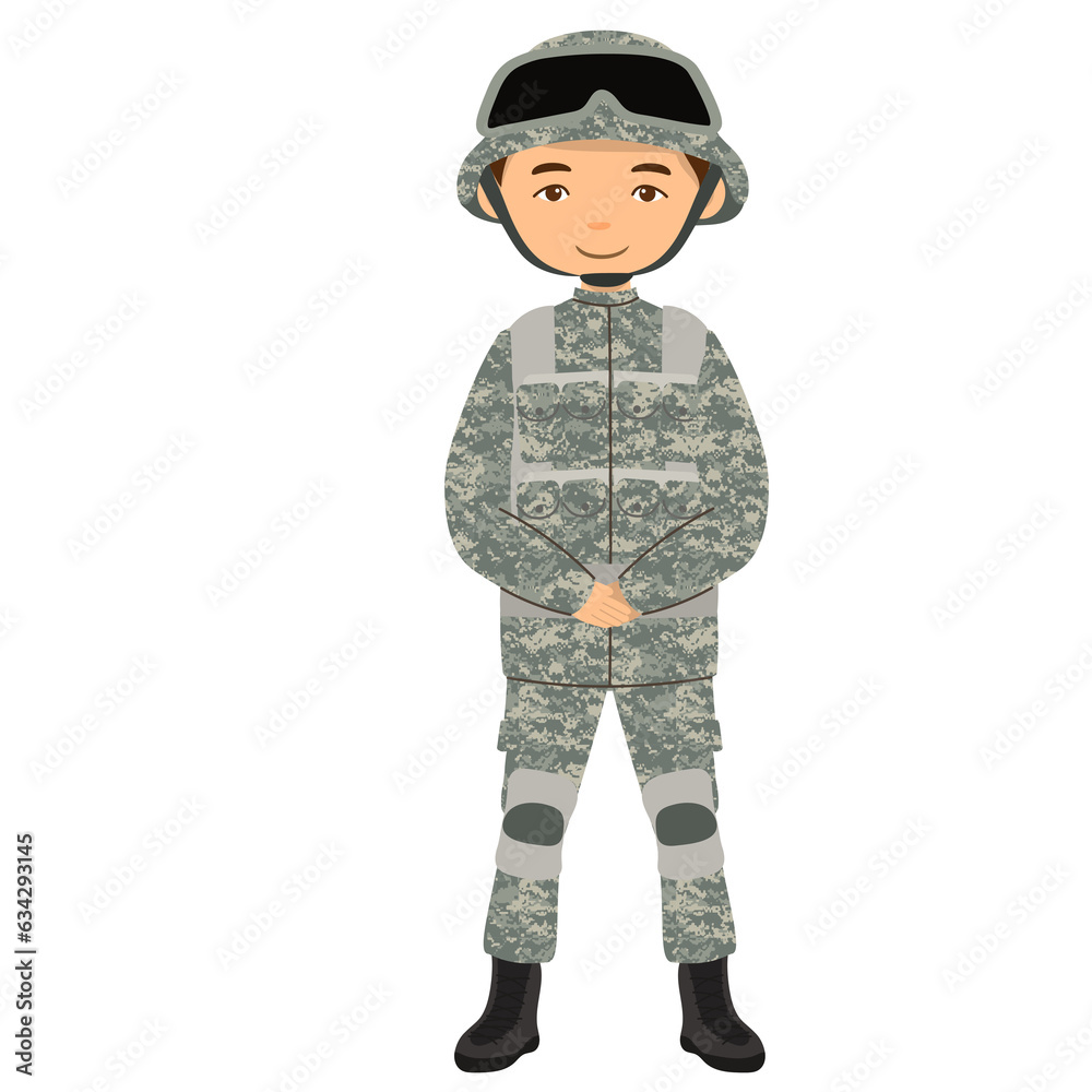Soldier character. Millitary force employee in camouflage with a weapon. Army equipment and technology. War strategy and tactic. Soldier character. Millitary force employee in camouflage with a weapon. Army equipment and technology. War strategy and tactic.