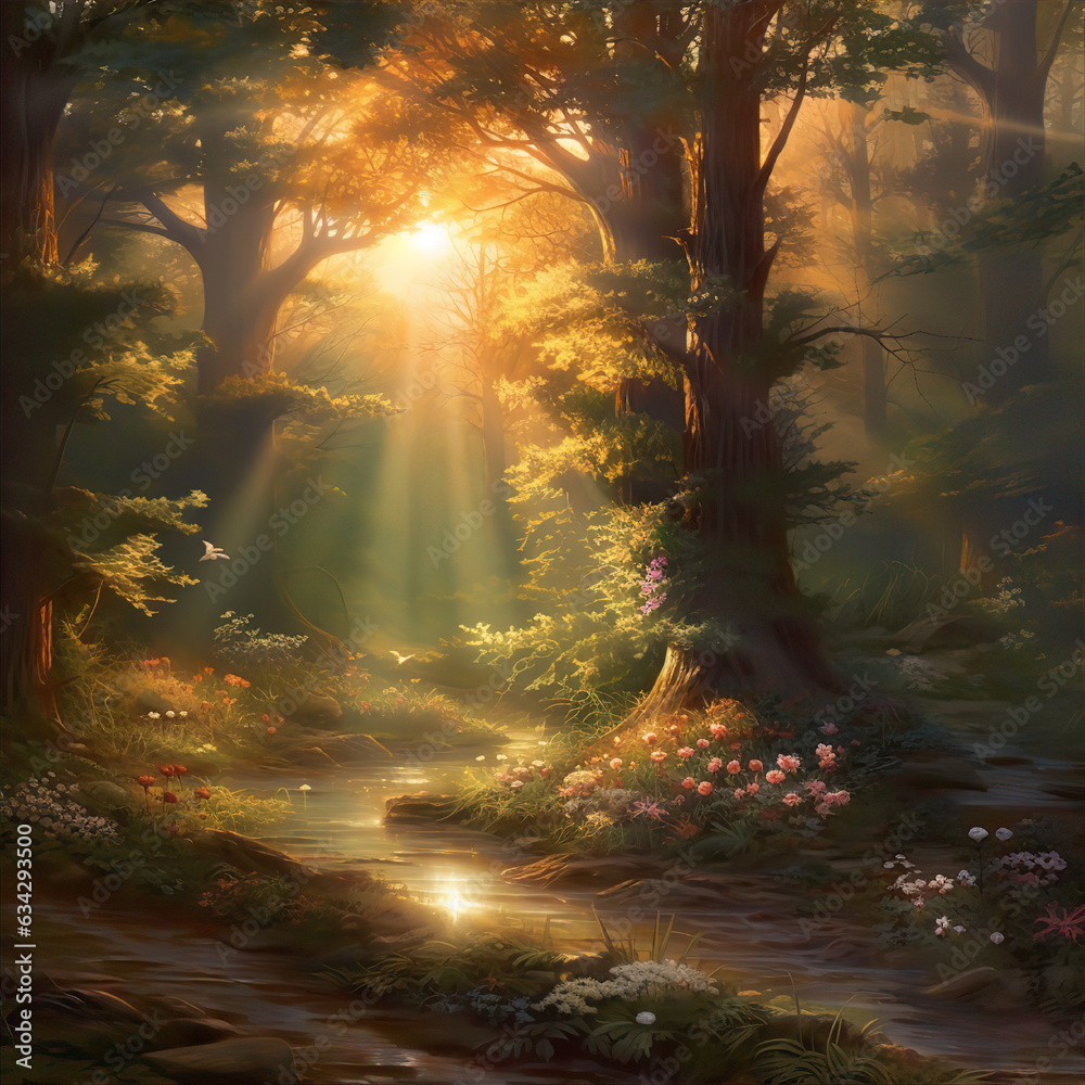 Transform your living space with an exquisite wallpaper featuring a lush forest bathed in the soft, golden hues of sunset. This digital illustration, reminiscent of a dream. 