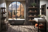 A cozy home bathroom boasting scenic views, featuring white walls with dark gray tile accents, complemented by rustic wood furniture. Photorealistic illustration, Generative AI