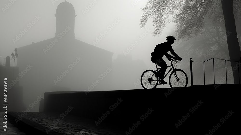Obraz premium silhouette of a cyclist in the foggy landscape of an old European city.