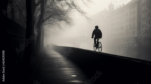 silhouette of a cyclist in the foggy landscape of an old European city.