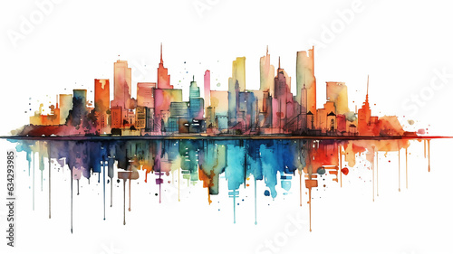 multicolored watercolor flat drawing of a city line in the style of ink spots on a white background. © kichigin19
