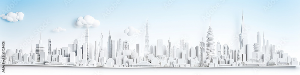 white city cityline paper sculpture long panorama background layout.