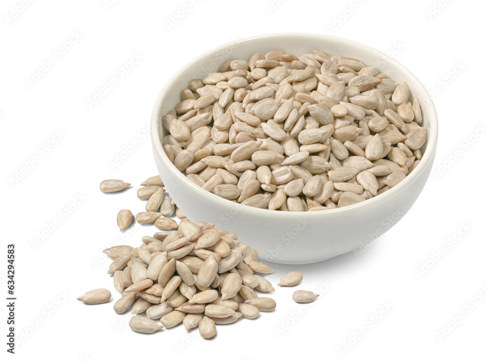 Sunflower seeds in ceramic bowl isolated on white background Sunflower seeds in ceramic bowl isolated on white background