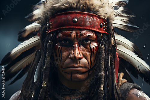 Close-up face of tribal Indian warrior, native American tribe man in colorful traditional makeup and feather headdress, ancient civilization male