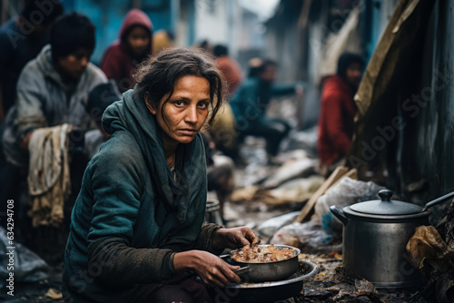Hungry woman on the slum district 