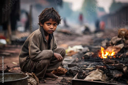 Hungry boy on the slum district 
