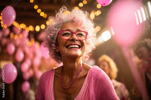A woman dancing joyfully at a survivorship party celebrating life after conquering breast cancer empty space for text 