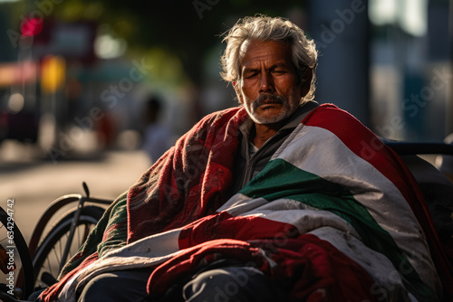 Homeless man sleeping on the sidewalk wrapped in the Mexico flag 
