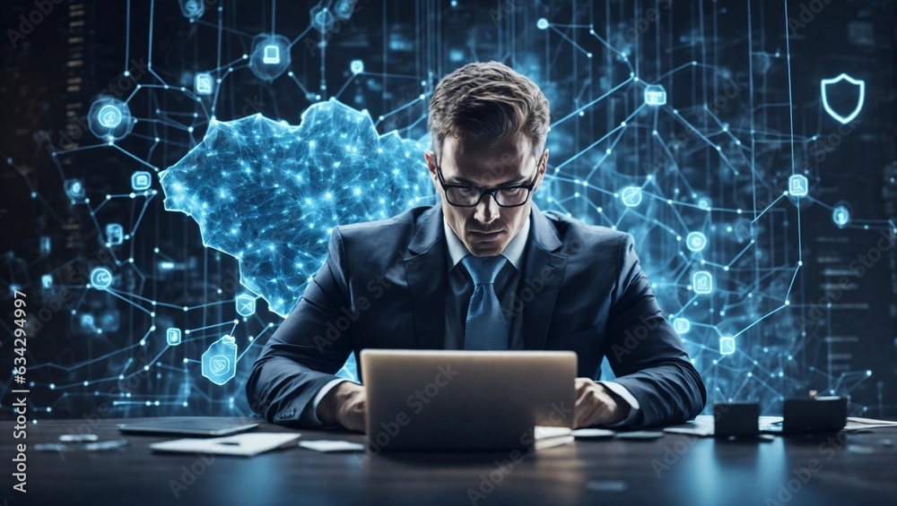 Enhance data protection with secure encryption technology. Businessman prioritizing cybersecurity. Safeguarding privacy in digital age Enhance data protection with secure encryption technology. Businessman prioritizing cybersecurity. Safeguarding privacy in digital age