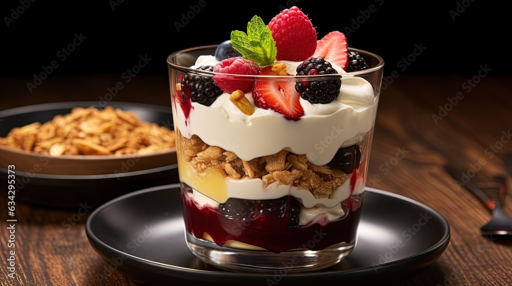 a dessert with berries, granola, and yogurt on a plate. generative ai a dessert with berries, granola, and yogurt on a plate. generative ai