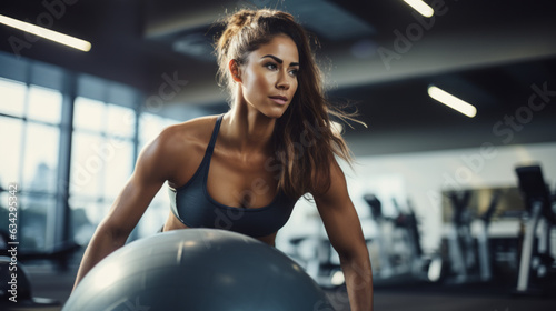 Determined woman works on her abs using a stability ball in a brightly lit gym. Flexible girl doing stretching exercises with fitness ball. Sport, healthy and active lifestyle, beauty. Generative AI. © GustavsMD