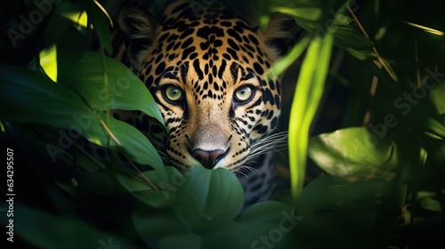  a close up of a leopard in a tree with leaves.  generative ai