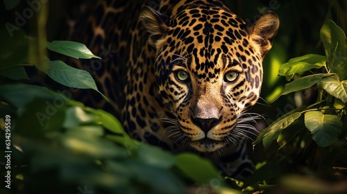  a close up of a leopard in a tree filled forest.  generative ai