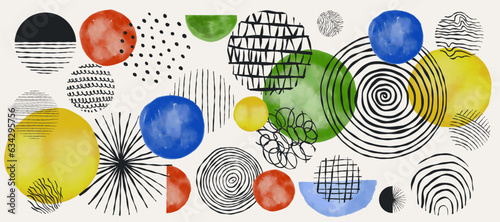 Abstract watercolor poster. Contemporary wall art. Water paint circles and ink doodle elements. Hand drawn minimal background with stain and scribble objects. Creative minimalist backdrop vector set