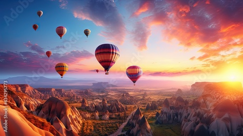  a group of hot air balloons flying in the sky over a valley. generative ai