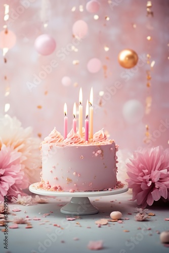 Birthday cake with burning candles and pink flowers on a pink background with bokeh