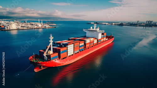 Aerial view of container cargo ship, import export commerce business trade logistics and international transportation by container cargo ship boat in the open sea, Freight shipping.generative ai